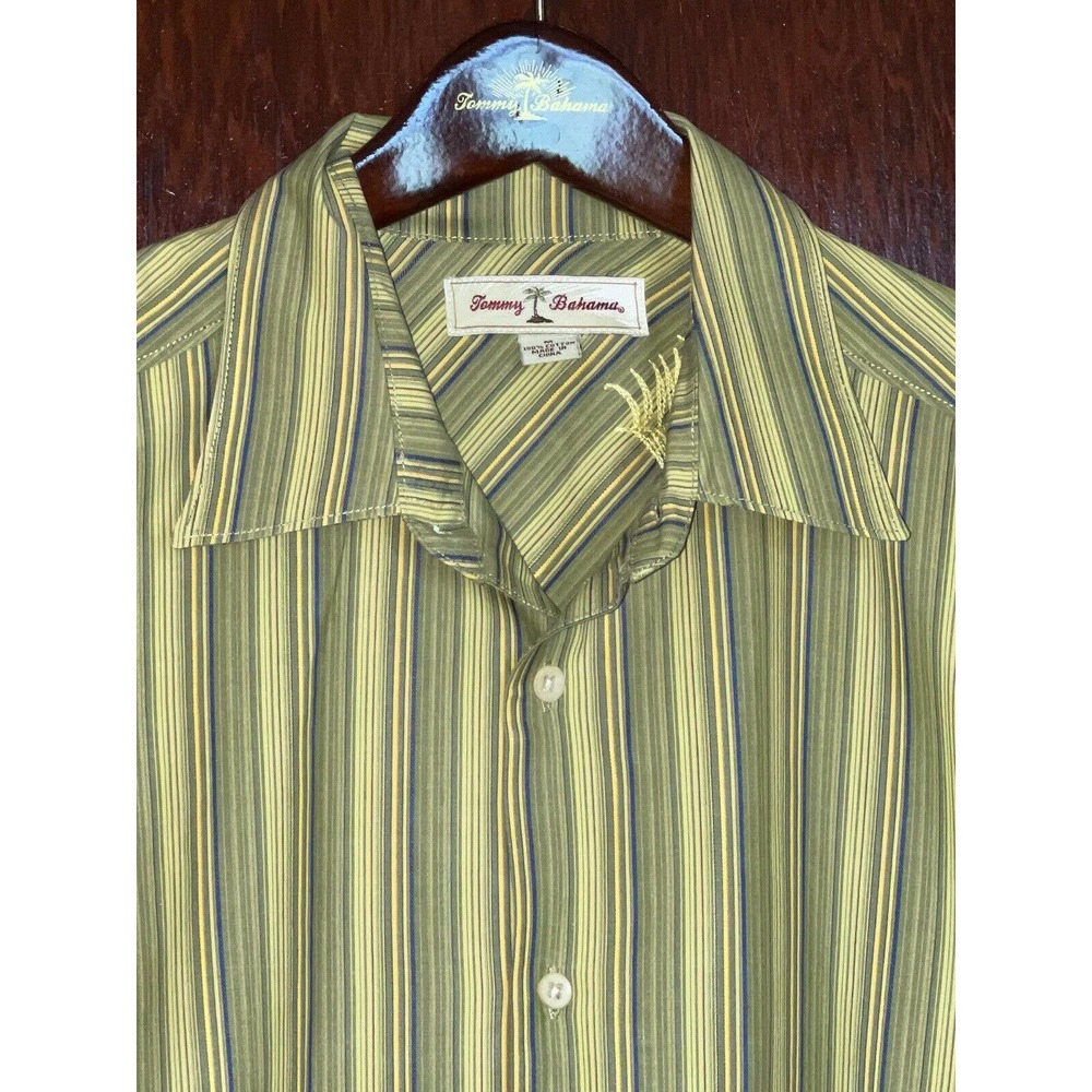 TOMMY BAHAMA SHIRT GREEN YELLOW BLUE STRIPED COTTON L/S MEDIUM M